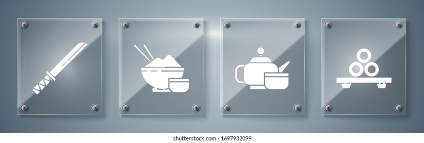 Set Sushi on cutting board, Japanese tea ceremony, Rice in a bowl with chopstick and Traditional Japanese katana. Square glass panels. Vector
