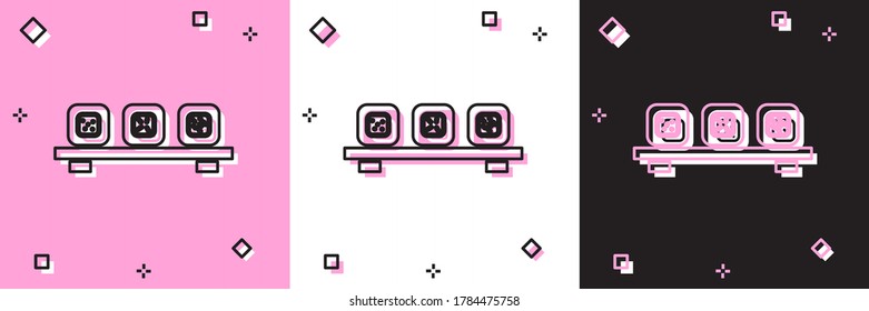 Set Sushi on cutting board icon isolated on pink and white, black background. Asian food sushi on wooden board. Vector.