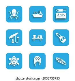 Set Sushi on cutting board, Fish steak, Soy sauce bottle, Turtle, Fishing harpoon, Cutting and knife and Octopus icon. Vector