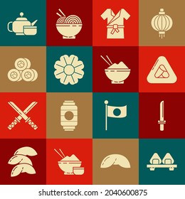 Sushi auf Schneidebrett, japanische Katana, Kostüm Kimono, Blume, Teezeremonie und Reis Schüssel mit Chopstick-Symbol. Vektorgrafik