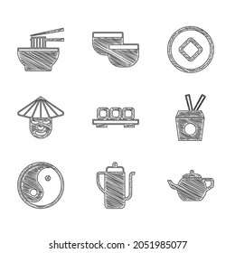 Set Sushi on cutting board, Chinese tea ceremony, Noodles box and chopsticks, Yin Yang, man, Yuan currency and Asian noodles bowl icon. Vector