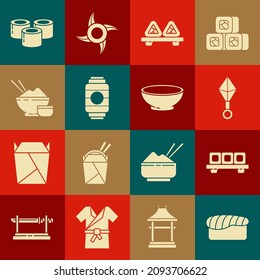 Coloca Sushi, en la tabla de cortar, ninja shuriken japonesa, linterna de papel, bol de arroz con palillos y Bowl de icono de sopa caliente. Vector