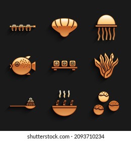 Set Sushi on cutting board, Soup with shrimps, Takoyaki, Seaweed, Caviar spoon, Puffer fish, Jellyfish and Grilled steak icon. Vector