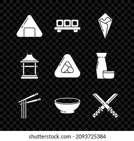 Set Sushi, on cutting board, Temaki roll, Asian noodles and chopsticks, Bowl of hot soup, Traditional Japanese katana, Gate and  icon. Vector