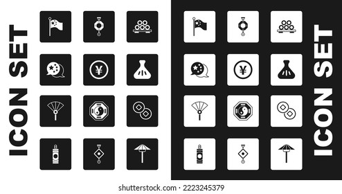 Set Sushi on cutting board, Chinese Yuan currency, China flag, flagpole, Dumpling, paper lantern,  and or japanese folding fan icon. Vector