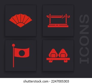 Sushi auf Schneidbrett, Papier chinesisch oder japanisch Klappventilator, Traditionelles japanisches Katana und nationale Flagge von Japan auf Stange Icon. Vektorgrafik