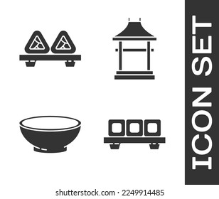Set Sushi on cutting board, Sushi on cutting board, Bowl of hot soup and Japan Gate icon. Vector