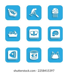 Set Sushi on cutting board, Canned fish, Crab, Octopus plate, Fish head, Fishing boat, Jellyfish and Mussel icon. Vector
