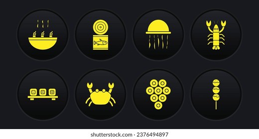 Sushi auf Schneidbrett, Hummer, Krebse, Kaviar, Quallen, Dosen, Takoyaki-Stick und Suppe mit Garnelen Symbol setzen. Vektorgrafik
