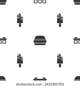 Set Sushi on cutting board, Burger and Ice cream on seamless pattern. Vector