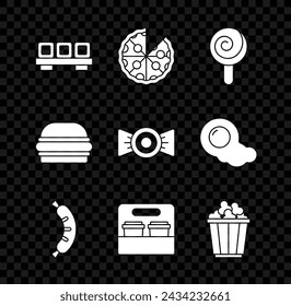 Set Sushi on cutting board, Pizza, Lollipop, Hotdog, Coffee cup to go, Popcorn box, Burger and Candy icon. Vector