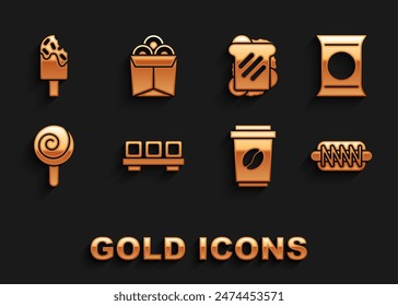 Set Sushi on cutting board, Bag or packet potato chips, Hotdog sandwich, Coffee cup go, Lollipop, Sandwich, Ice cream and Noodles box icon. Vector