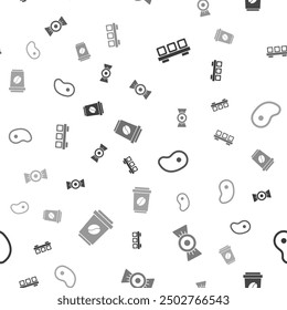 Set Sushi on cutting board, Candy, Steak meat and Coffee cup to go on seamless pattern. Vector