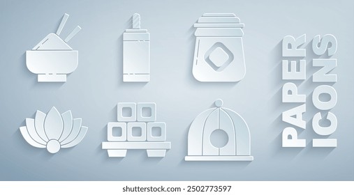 Set Sushi on cutting board, Jar of honey, Lotus flower, Chinese hat, Firework and Rice bowl with chopstick icon. Vector