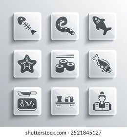 Set Sushi on cutting board, Fisherman, Cutting and knife, Starfish, skeleton and Shark icon. Vector