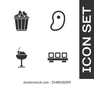 Set Sushi on cutting board, Popcorn box, Ice cream bowl and Steak meat icon. Vector