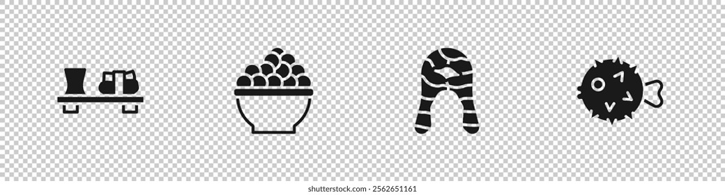 Set Sushi on cutting board, Caviar, Fish steak and hedgehog icon. Vector