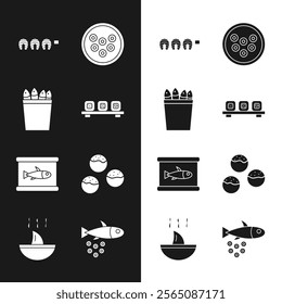 Set Sushi on cutting board, Fishing bucket with fishes, Grilled steak, Caviar plate, Canned, Takoyaki, caviar and Shark fin soup icon. Vector