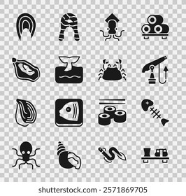 Set Sushi on cutting board, Fish skeleton, Fishing harpoon, Octopus, Whale tail ocean wave, Mussel, steak and Crab icon. Vector