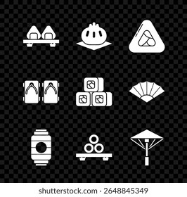 Set Sushi on cutting board, Khinkali, Japanese paper lantern, umbrella from the sun, Geta traditional shoes and  icon. Vector