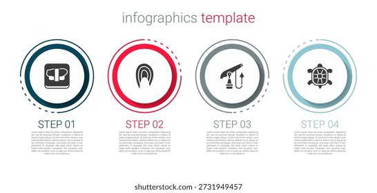 Set de sushi en la tabla de cortar, filete de pescado, arpón de pesca y tortuga. Plantilla de infografía de negocios. Vector