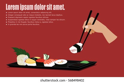 Set of Sushi on dish with hand holding chopsticks

