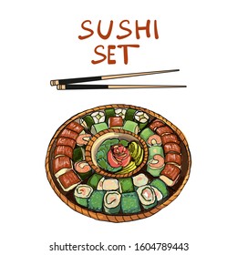Set sushi on a large round plate. Vector illustration.