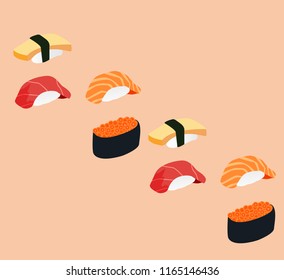 Set of sushi on orange background vector.