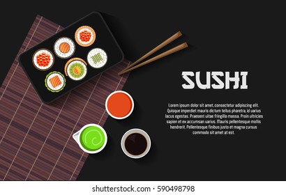 Set of sushi on the plate with chopsticks and soy sauce on the black stone table realistic illustration with text space. Top view. 