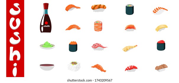 Set of sushi on white background. Isolated colorful sushi set of different types and wasabi. Sauce. Vector. Illustration.