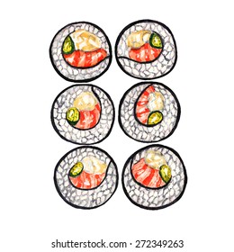 Set of sushi on a white background. Watercolor vector illustration