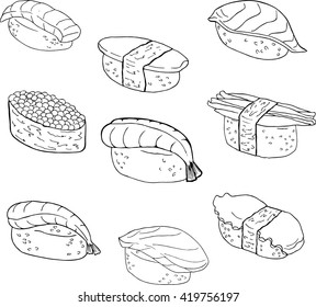 Set of sushi on white background. Food sketch drawn by ink. Hand drawn vector illustration.