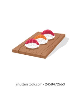 Set of sushi on a wooden board on a white insulated background. Asian Japanese food. Vector