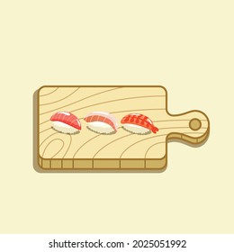 Set of sushi on wooden cutting board with tuna, shrimp, and tai sushi, cooking asian food concept