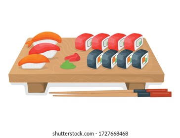 Set of sushi on wooden kitchen board, tuna fish roll and salmon minnow concept isolated on white, cartoon vector illustration. Design asian cuisine stuff, japanese meal idea menu for restaurant, cafe.