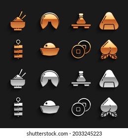 Set Sushi, Peach fruit, Chinese Yuan currency, Firework, Dumpling on cutting board, Rice bowl with chopstick and fortune cookie icon. Vector