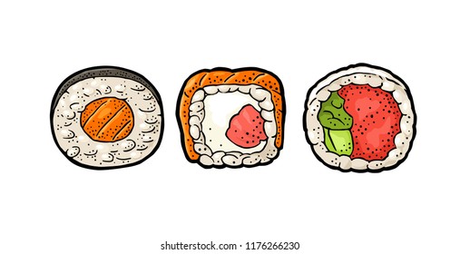Set Sushi. Philadelphia with smoked salmon, cream cheese and cucumber. Roll with caviar. Isolated on white background. Vintage color vector engraving