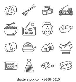 Set of sushi Related Vector Line Icons. Includes such Icons as rolls, japanese, soy sauce, wasabi, cuisine of China, China lapsi, fish, Eris, Nora