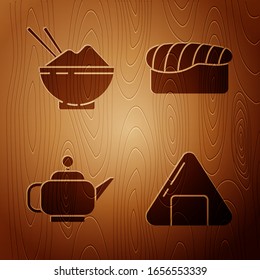 Set Sushi, Rice in a bowl with chopstick, Japanese tea ceremony and Sushi on wooden background. Vector