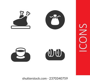 Set Sushi, Roasted turkey or chicken, Soy sauce in bowl and Wonton icon. Vector