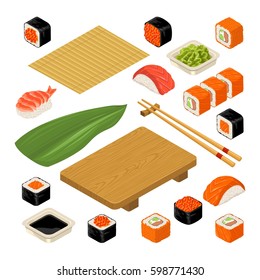 Set Sushi roll. Bamboo mat, chopsticks, wasabi, soy sauce, rolls and wood serving board. Isolated on white background. Vector flat color illustration. For icon and menu