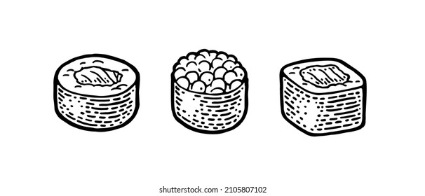 Set sushi. Roll with caviar, salmon, rice. Isolated on white background. Vintage black monochrome vector engraving