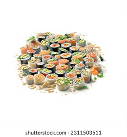 Set sushi roll with deep-fried eel, cheese and avocado on white background vector 3d realistic graphic for restaurant - Shutterstock ID 2311503511