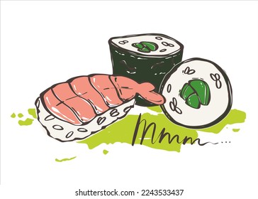 Set of sushi and roll with fish on a green background. Asian food. Japanese rolls with seafood and rice. Logo for the brand. Vector illustration for any design.