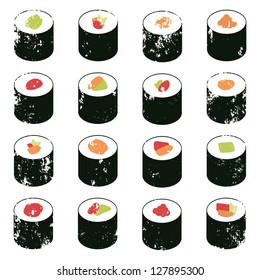 Set of Sushi Roll Icons with Grunge Texture