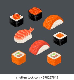 Set Sushi roll. Isolated on dark background. Vector flat color illustration. For icon and menu.