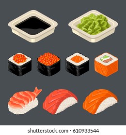 Set Sushi roll and nigiri. Wasabi and soy sauce in a plate. Isolated on dark background. Vector flat color illustration. For icon and menu