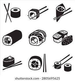 Set of sushi roll and sashimi icons with chopsticks in flat black vector design chopsticks japanese restaurant collection assorted traditional oriental appetizer delicious culinary