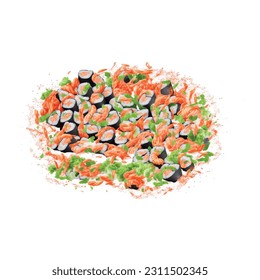 Set sushi roll with shrimp and nori and salmon on white background vector 3d realistic graphic for restaurant