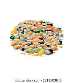 Set sushi roll with shrimp and nori and salmon on white background vector 3d realistic graphic for restaurant - Shutterstock ID 2311503843